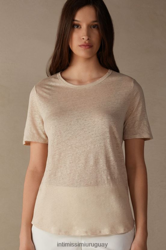 camisa de lino de manga corta Intimissimi mujer 913i-cuerda beige V806B81296 vestir