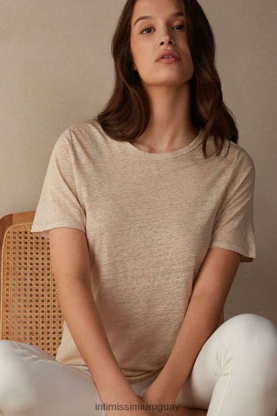 camisa de lino de manga corta Intimissimi mujer 913i-cuerda beige V806B81296 vestir