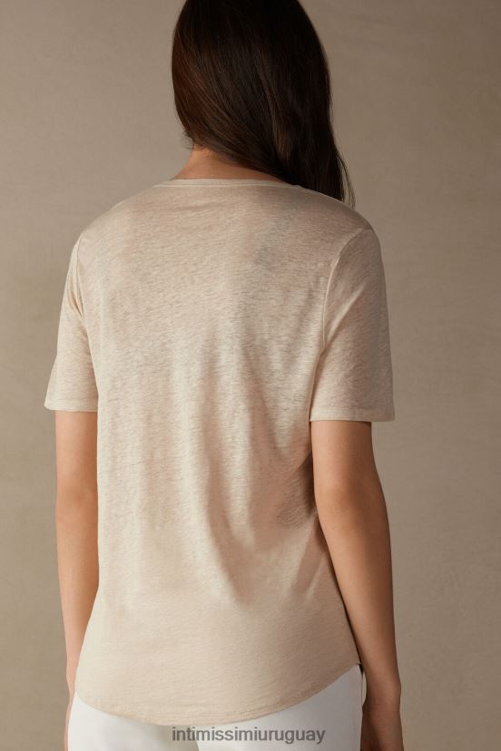 camisa de lino de manga corta Intimissimi mujer 913i-cuerda beige V806B81296 vestir