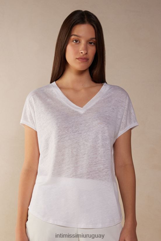 top de lino de manga corta con cuello en v Intimissimi mujer 001-blanco V806B81314 vestir