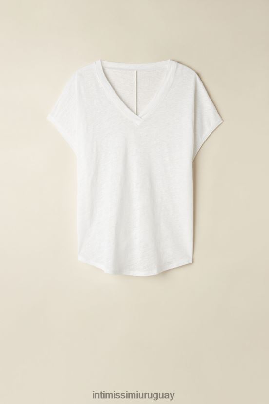 top de lino de manga corta con cuello en v Intimissimi mujer 001-blanco V806B81314 vestir