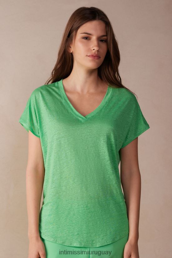 top de lino de manga corta con cuello en v Intimissimi mujer 218j-manzana menta V806B81310 vestir