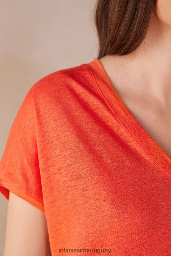 top de lino de manga corta con cuello en v Intimissimi mujer 219j-llama escarlata V806B81306 vestir