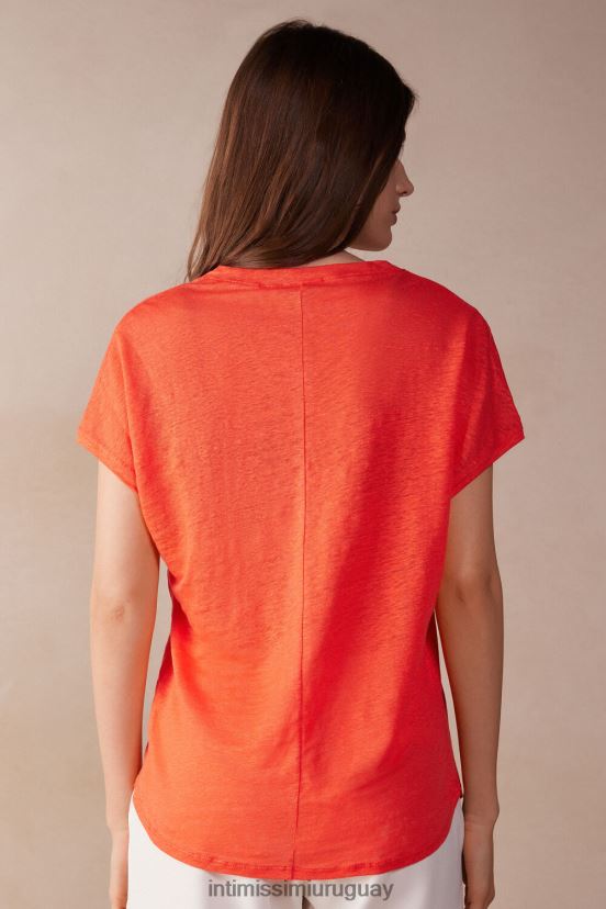 top de lino de manga corta con cuello en v Intimissimi mujer 219j-llama escarlata V806B81306 vestir