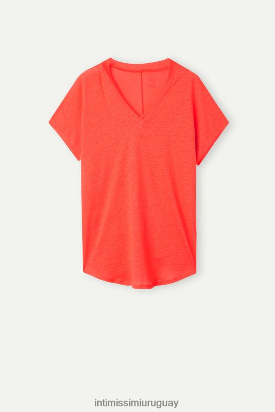 top de lino de manga corta con cuello en v Intimissimi mujer 219j-llama escarlata V806B81306 vestir