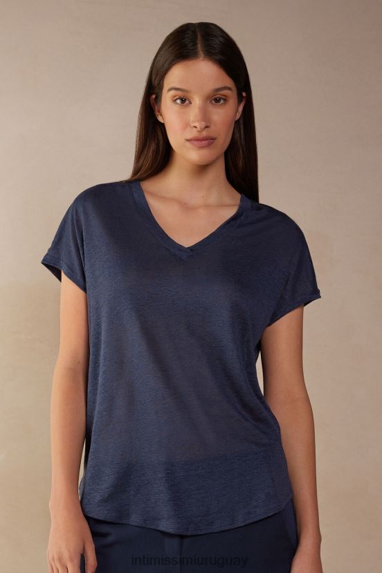 top de lino de manga corta con cuello en v Intimissimi mujer 243j-azul marinero V806B81302 vestir