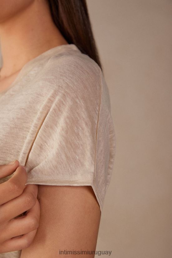 top de lino de manga corta con cuello en v Intimissimi mujer 913i-cuerda beige V806B81297 vestir