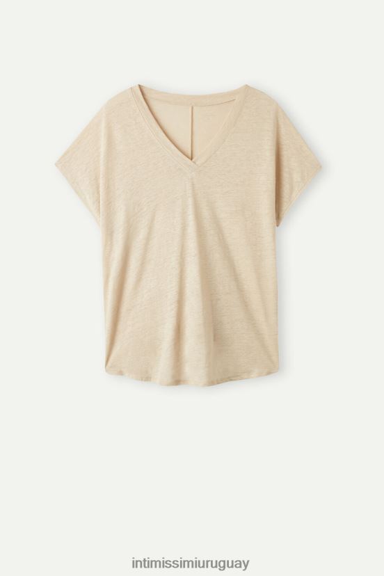 top de lino de manga corta con cuello en v Intimissimi mujer 913i-cuerda beige V806B81297 vestir