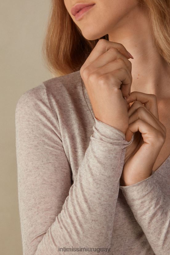 Top de modal ultraligero con cuello en V de cachemira Intimissimi mujer 7525-concha beige melange V806B81347 vestir