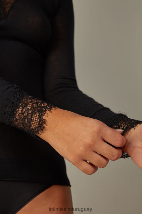 camisa larga ultraligera de modal cashmere encaje Intimissimi mujer 019-negro V806B81429 vestir