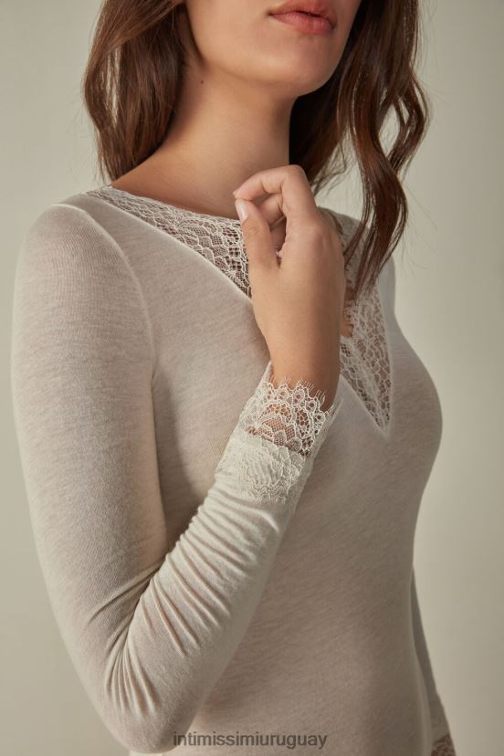 camisa larga ultraligera de modal cashmere encaje Intimissimi mujer 231i-vainilla natural V806B81428 vestir