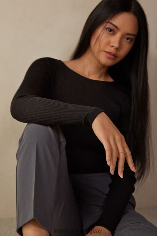 top max de lana y seda con cuello redondo y manga larga Intimissimi mujer 019-negro V806B81345 vestir