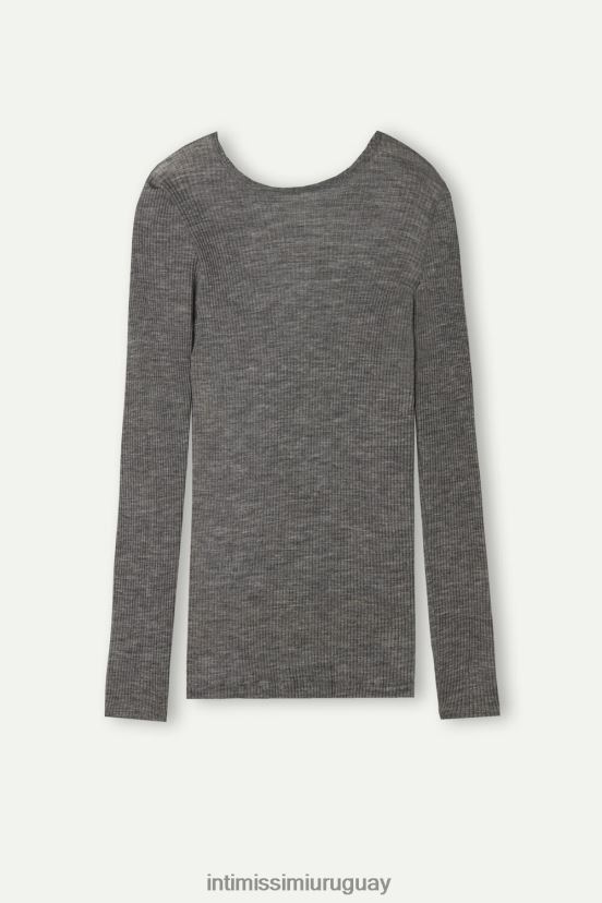 top max de lana y seda con cuello redondo y manga larga Intimissimi mujer 7481-mezcla gris aluminio V806B81340 vestir