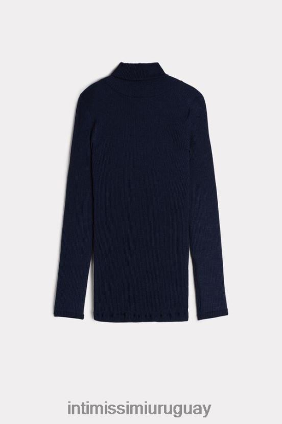 top tubular de manga larga y cuello alto de lana y seda Intimissimi mujer 1467-azul intenso V806B81444 vestir