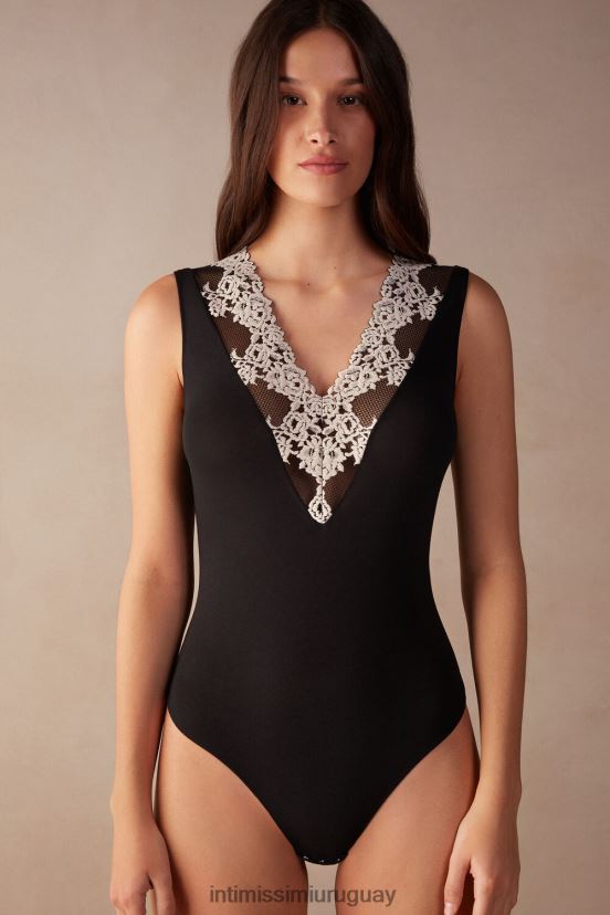 body con cuello en V y flores bonitas Intimissimi mujer 9887-negro/marfil V806B81377 vestir