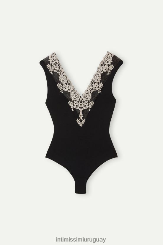 body con cuello en V y flores bonitas Intimissimi mujer 9887-negro/marfil V806B81377 vestir